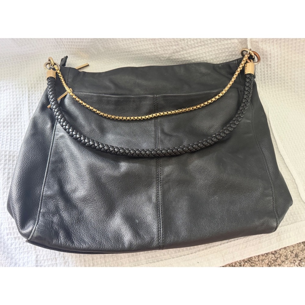 Wilsons Leather Black Pebbled Leather Hobo Bag Braided Strap Gold Chain Accent - Picture 3 of 5